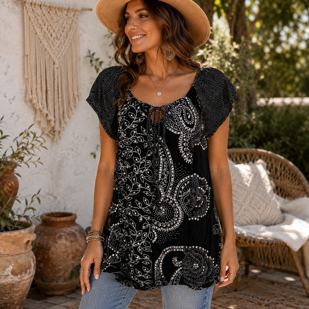 Bila Beaded Paisley Peasant Top Sz M Black White Cottage Boho Festival Sparkle